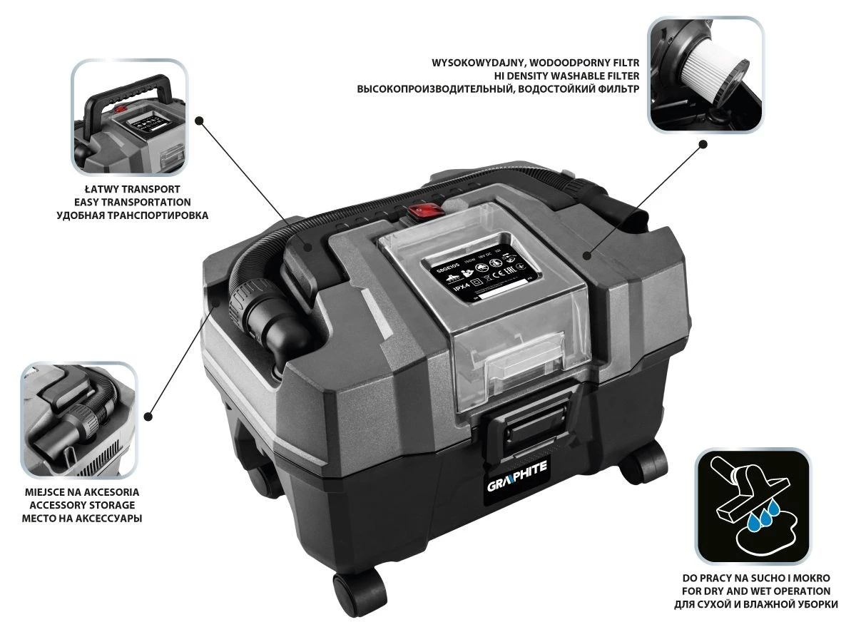 GRAPHITE 58GE105 bezvadu putekļsūcējs 18V 10L