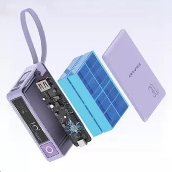 AWEI P87K enerģijas banka 10000 mAh, 30 W, ar integrētu kabeli, melnā krāsā