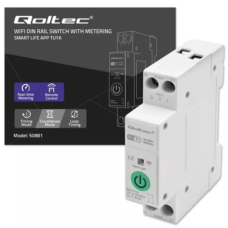 DIN-sliedes WiFi relejs QOLTEC 50881 — komutācijas relejs 63A elektroinstalācijām