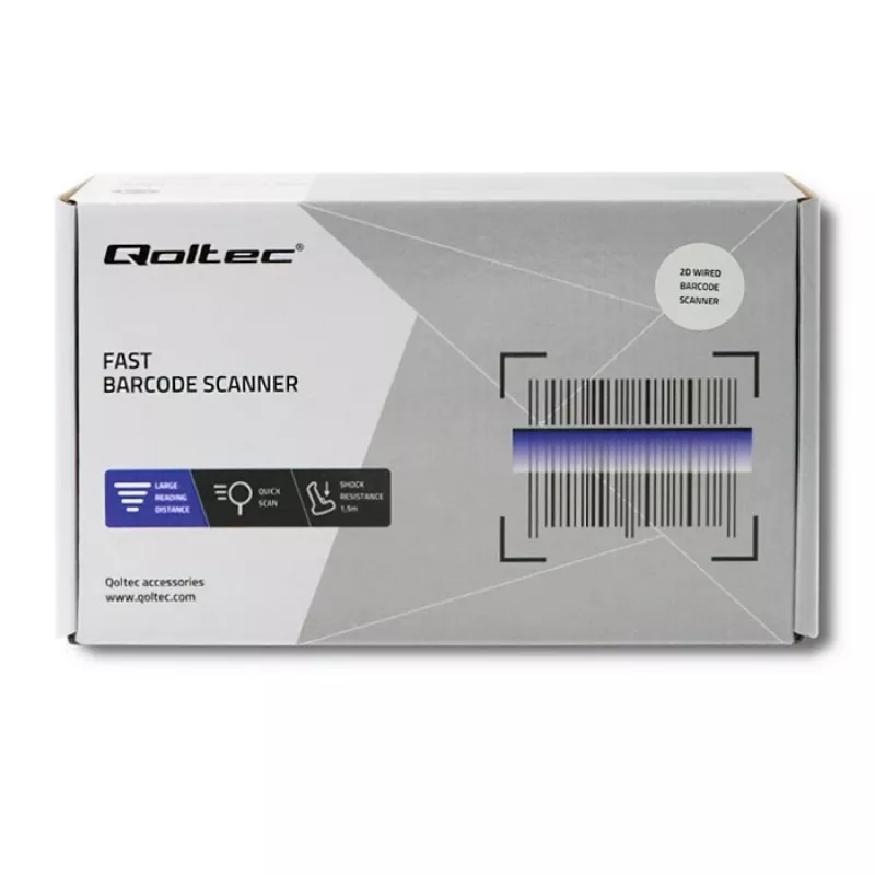 Rokas svītrkodu lasītājs QOLTEC 50863 — 1D/2D skeneris, USB vads, LED sensors, melns, 5V, 1.8 m kabelis