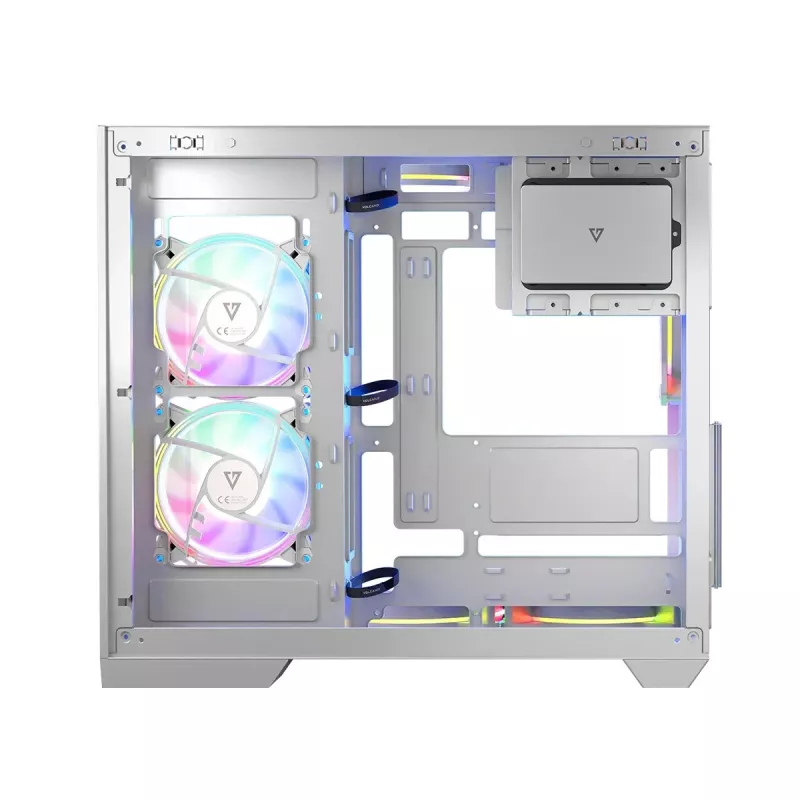 PC korpuss MODECOM Volcano Panorama Midi Tower balts — micro ATX, rūdīts stikls, ARGB, USB-C, atbalsta GPU līdz 400 mm