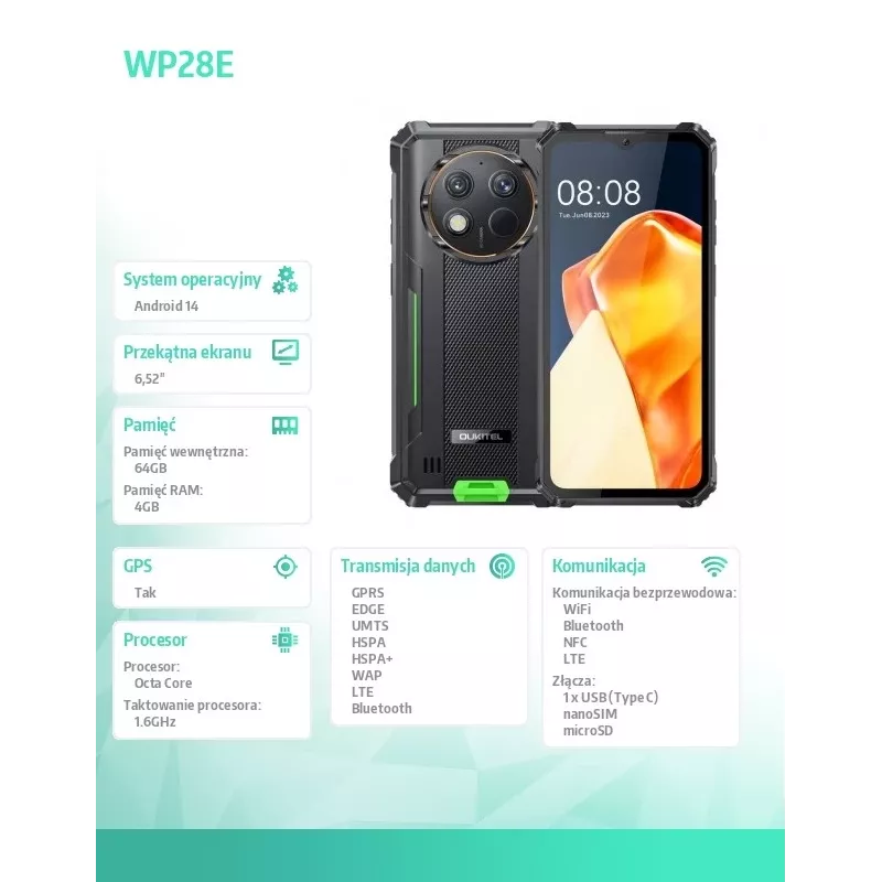 Oukitel WP28E 4/64 10600mAh DS viedtālrunis, zaļš, bez lādētāja