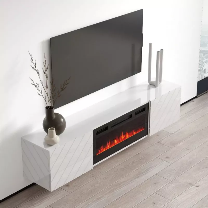 TV skapis cama meble LUXE 1826×345×375 mm balts spīdums ar iebūvētu melnu elektrisko kamīnu (1400–1600 W)