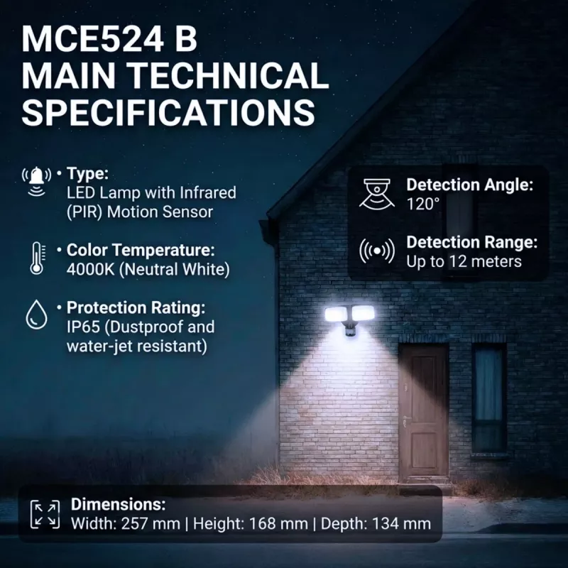 LED āra sienas lampa MACLEAN MCE524 ar PIR kustības sensoru, modelis MCE524 B