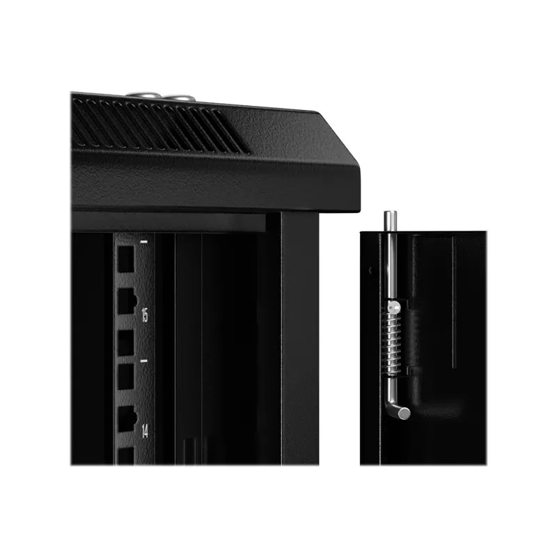 NETRACK 019-150-645-022 sienas/piekares skapis 19 inch 15U/450 mm stikla durvis melns noņemami sānu paneļi
