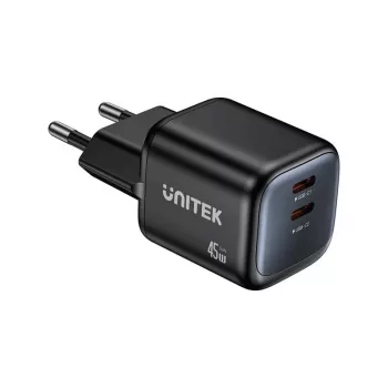 Unitek sienas lādētājs 2x GaN 45W — 2× USB‑C PD 3.0 un QC ātrā uzlāde