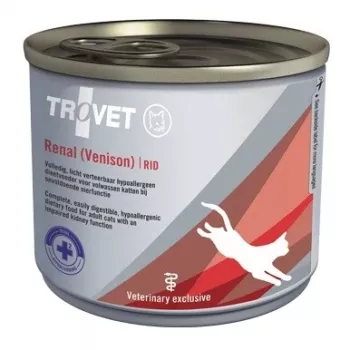 Slapjā kaķu barība TROVET Renal RID Venison 200 g – veterinārā nieru diēta, vienas porcijas konservs