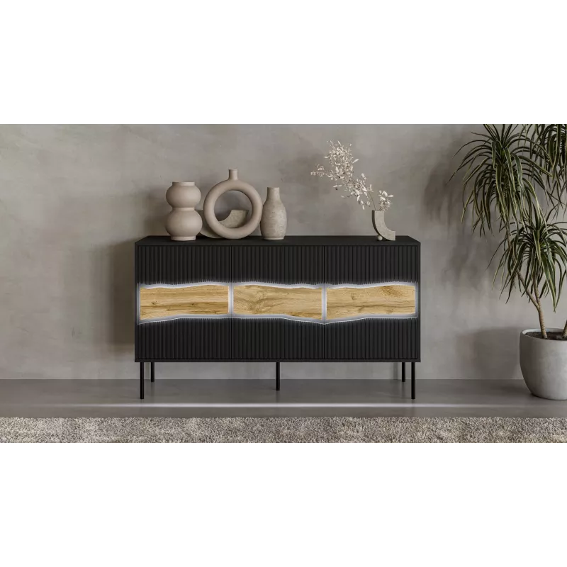 Kumode INSERTO 3D 143.5×40×80 cm melna ar LED, skaidu plātne, 16 mm rāmis