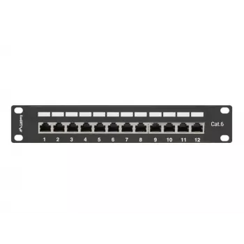 Patch panel LANBERG PPF6-9012-B — 12 porti RJ45, metāls, melns, 1U (215×44.5×130 mm)