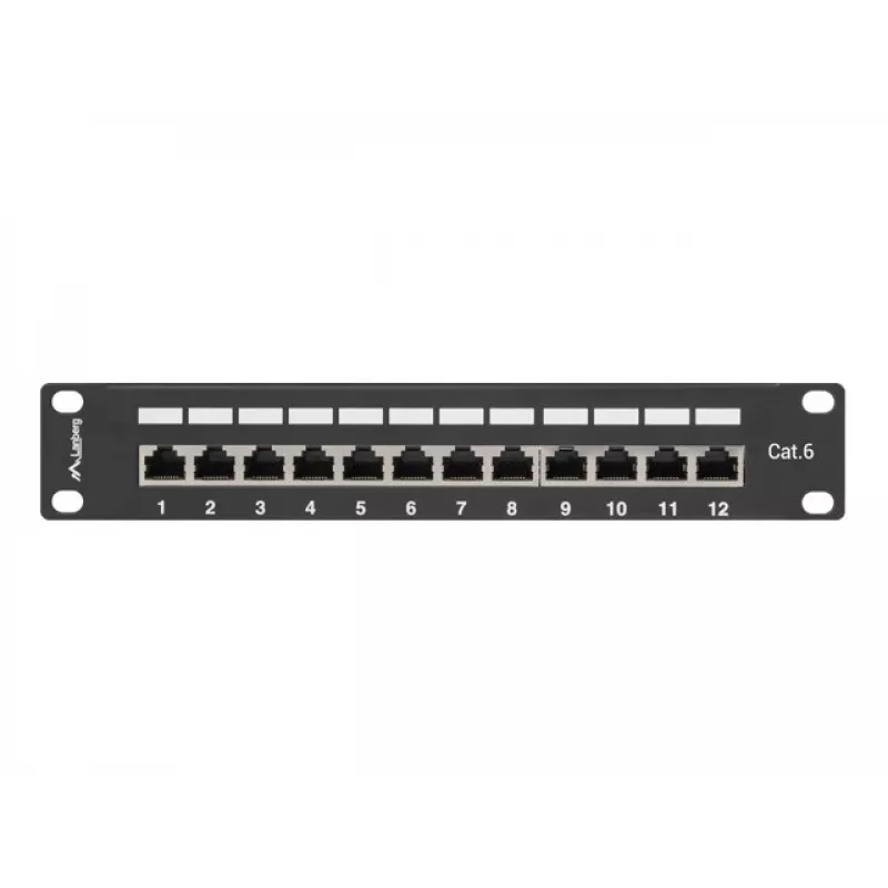Patch panel LANBERG PPF6-9012-B — 12 porti RJ45, metāls, melns, 1U (215×44.5×130 mm)