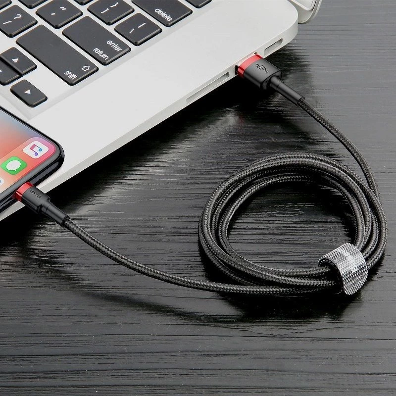 USB-A uz Lightning kabelis Baseus Cafule 2.4A QC 3.0, 1 m — melns/sarkans