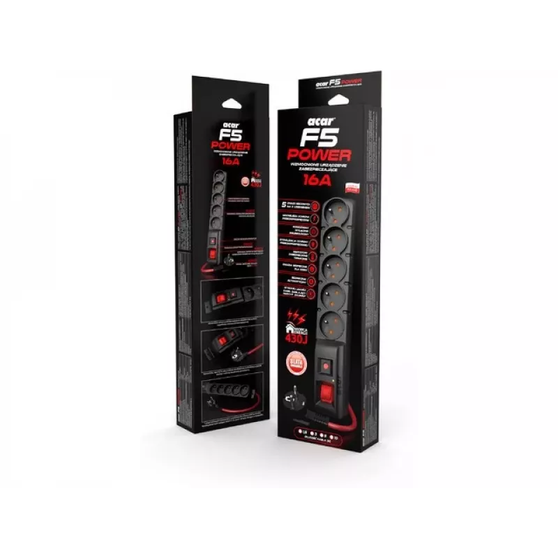 Strāvas sadalītājs ACAR F5 POWER Melns 5 AC kontaktligzdas 230 V 5 m