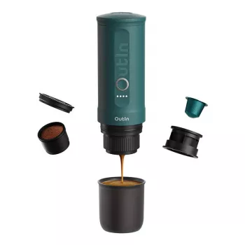 Pārnēsājams espresso automāts OUTIN Outin Nano Melns Tirkīzzils — 20 bar, maltā kafija, 7500 mAh akumulators, 0.67 kg