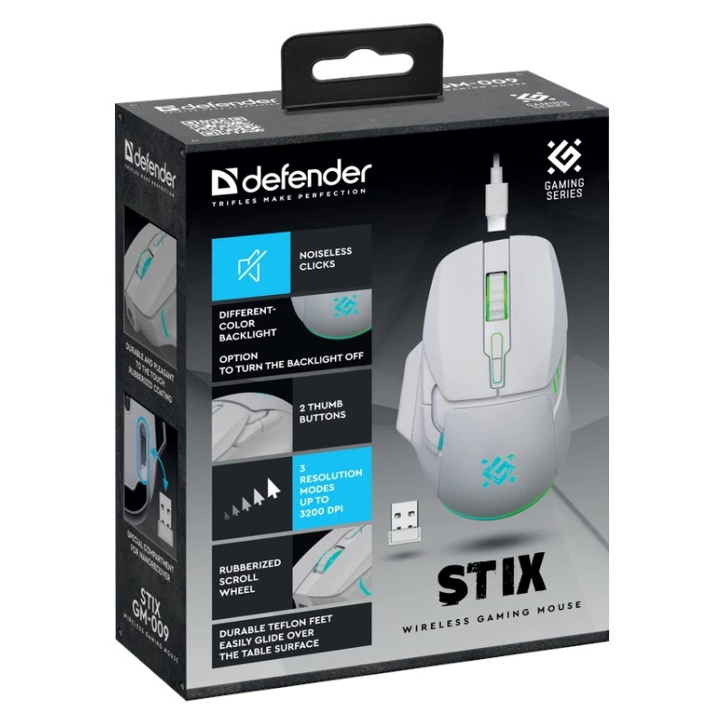 Bezvadu pele DEFENDER Stix GM-009 RF — optiskā, 3200 DPI, 6 pogas, ambidextrous, USB RF, baterija, balta