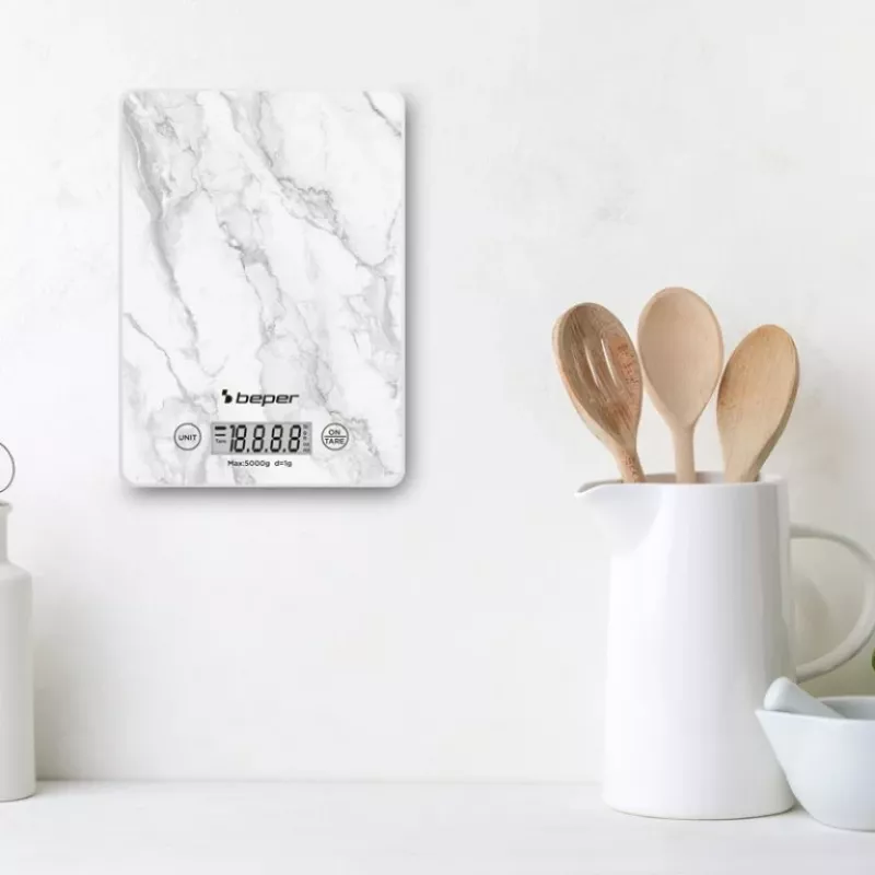 Virtuves svari Beper P102BIL004 - digitāli, 5 kg, 1 g, balts marmors