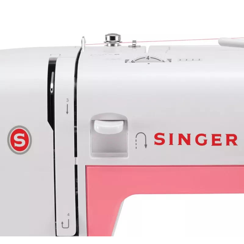 Singer Simple 3210 automātiskā šujmašīna, elektromehāniska, 10 dūrieni, 4 soļu pogcaurums, brīvais plecs, 85 W, balta/rozā