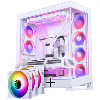 PHANTEKS NV Series NV7 E-ATX korpuss, rūdīts stikls, ARGB - balts & M25 Gen2 PWM D-RGB ventilators 3 komplekts - reversais lāpstiņa, 140mm + DRGB komplekts