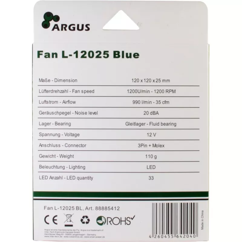 INTER-TECH Argus L-12025 120mm zils LED korpusa ventilators