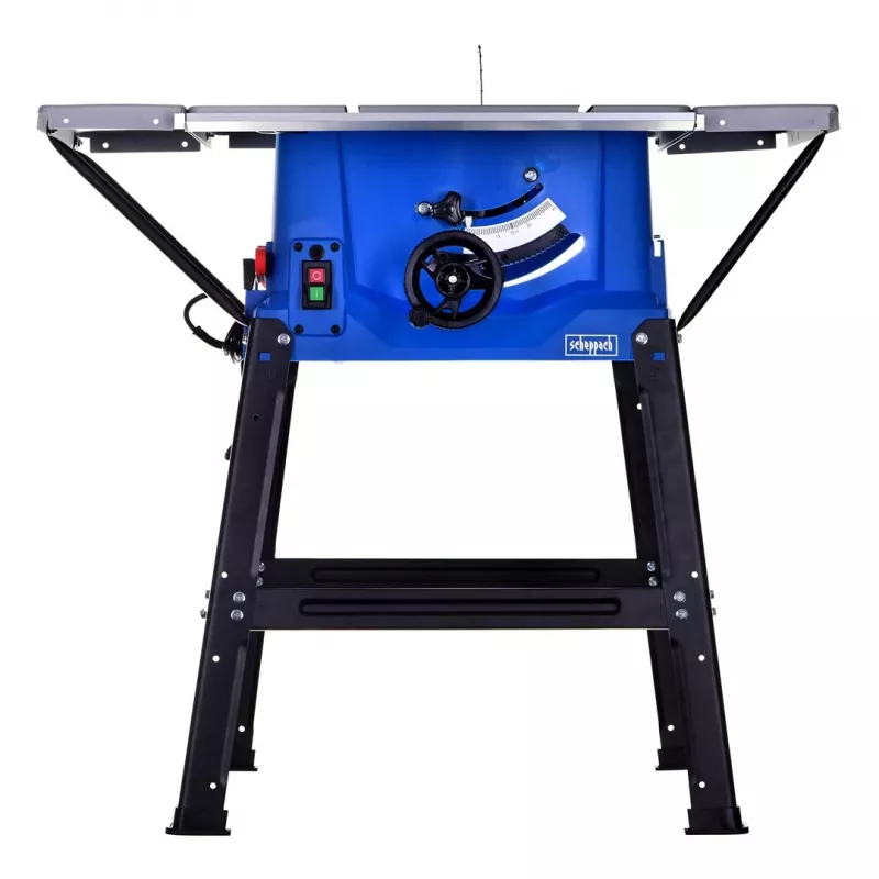 Galda zāģis Scheppach HS100S Special Edition — 2000 W, 250 mm asmens, 85 mm griešanas dziļums, 0–45° slīpleņķis, salokāms statīvs