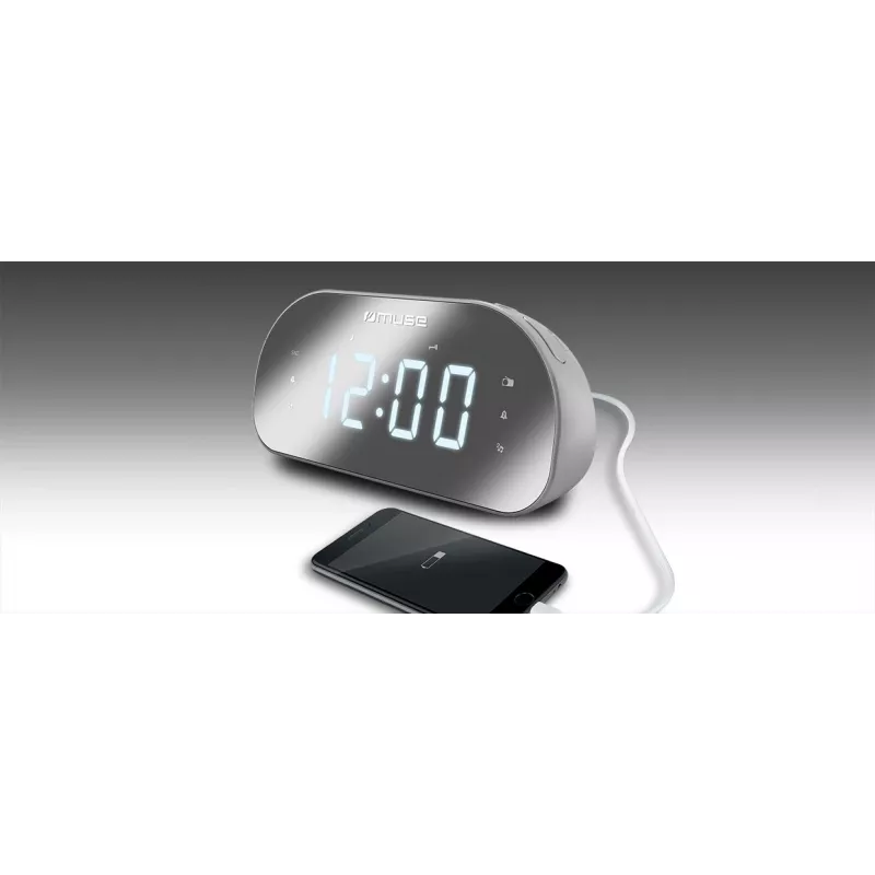 Modinātājpulkstenis Muse M-170CMR — digitālais radio pulkstenis ar 1,2 collu LED displeju, FM uztvērēju, 230V barošanu un AAA rezerves baterijām, spoguļa/baltā krāsā
