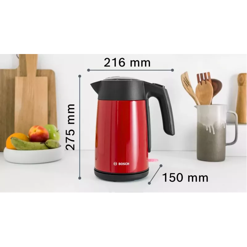 Elektriskā tējkanna Bosch TWK7L464 — 1,7 L, 2400 W, sarkana, plastmasas korpuss