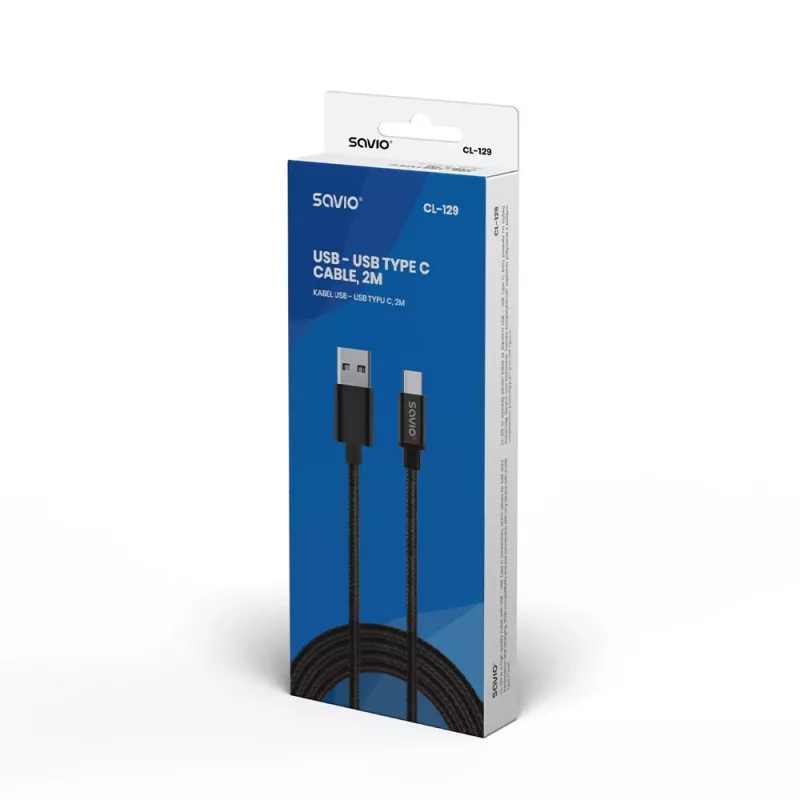 Savio CL-129 USB kabelis 2 m USB 2.0 USB A USB C Melns