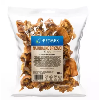 Suņu košļājamie kārumi PETMEX Pork Strips 500 g – dabīgas cūkgaļas strēmeles pieaugušiem suņiem, zobu kopšanai