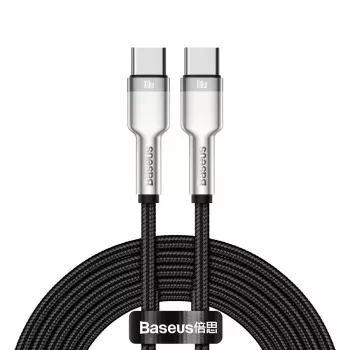 USB‑C uz USB‑C kabelis Baseus Cafule Metal — 2 m, 100W uzlāde, USB 2.0 (480 Mbps), cinkoti kontakti, melns