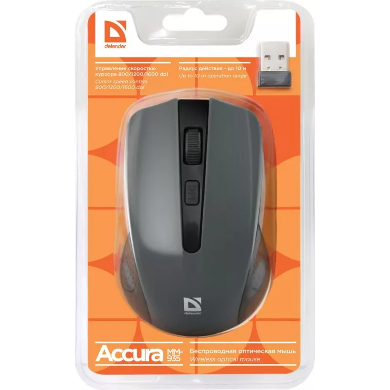 Bezvadu optiskā pele DEFENDER MM-935 RF, ambidextrous, 1600 DPI, pelēka, USB uztvērējs, AAA baterijas