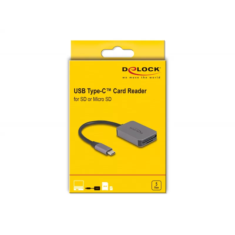 DeLOCK USB Type-C karšu lasītājs Alumīnijs SD Micro SD 5000 Mbit/s
