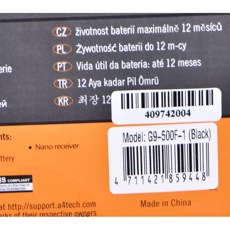 Bezvadu RF pele A4Tech G9-500F, labajai rokai, 1000 DPI, 2.4 GHz nano uztvērējs, 15 m darbības rādiuss, AA baterija
