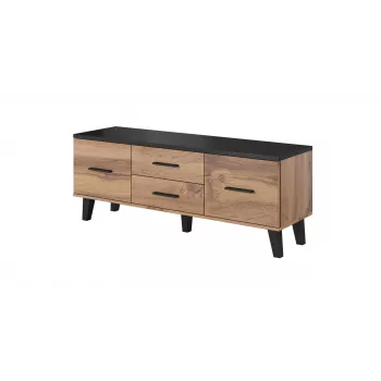 TV statīvs Cama Meble LOTTA 140 cm — wotan ozola rāmis, melna skaidu plātnes virsma, 1400×400×530 mm