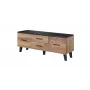 TV statīvs Cama Meble LOTTA 140 cm — wotan ozola rāmis, melna skaidu plātnes virsma, 1400×400×530 mm