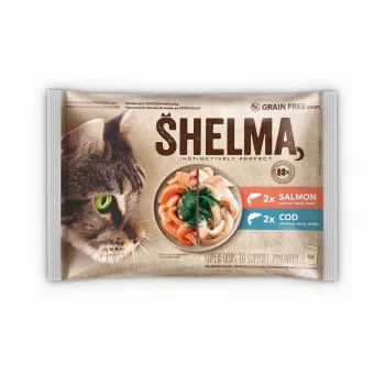 Slapjā kaķu barība SHELMA ar lasi un mencu mērcē, 4 x 85 g paciņas