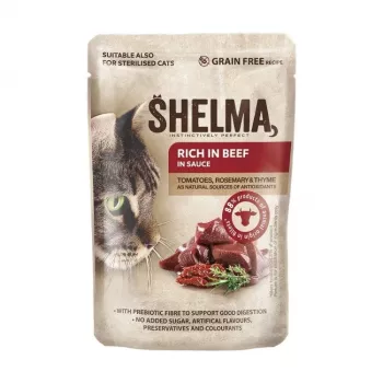 SHELMA Rich in beef in sauce - slapjā barība kaķiem ar liellopu gaļu mērcē - 85g