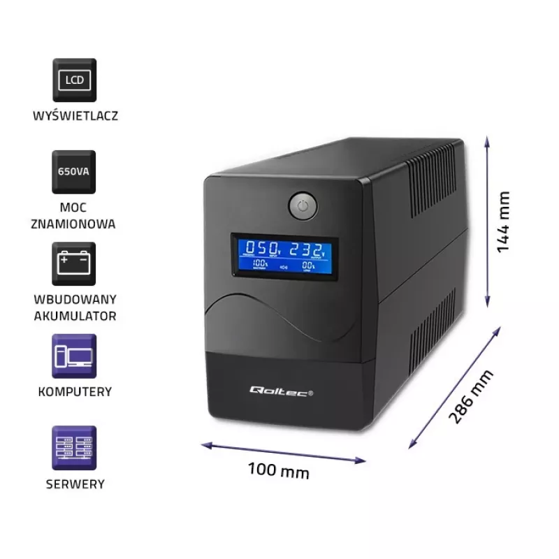 Qoltec Monolith UPS Double-conversion Online 0.65 kVA 360 W 2 AC izejas