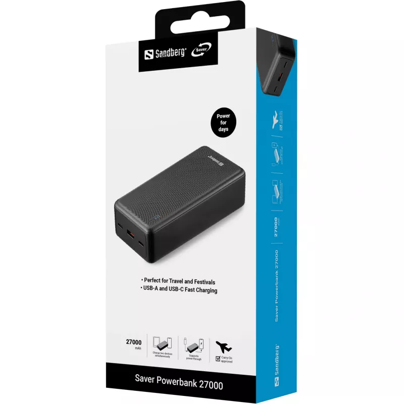 Powerbank Sandberg Saver 27000 mAh Litija-Jons Melns