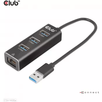 USB Hubs CLUB3D USB 3.2 Gen1 Type-A 3 Porti ar Gigabit Ethernet