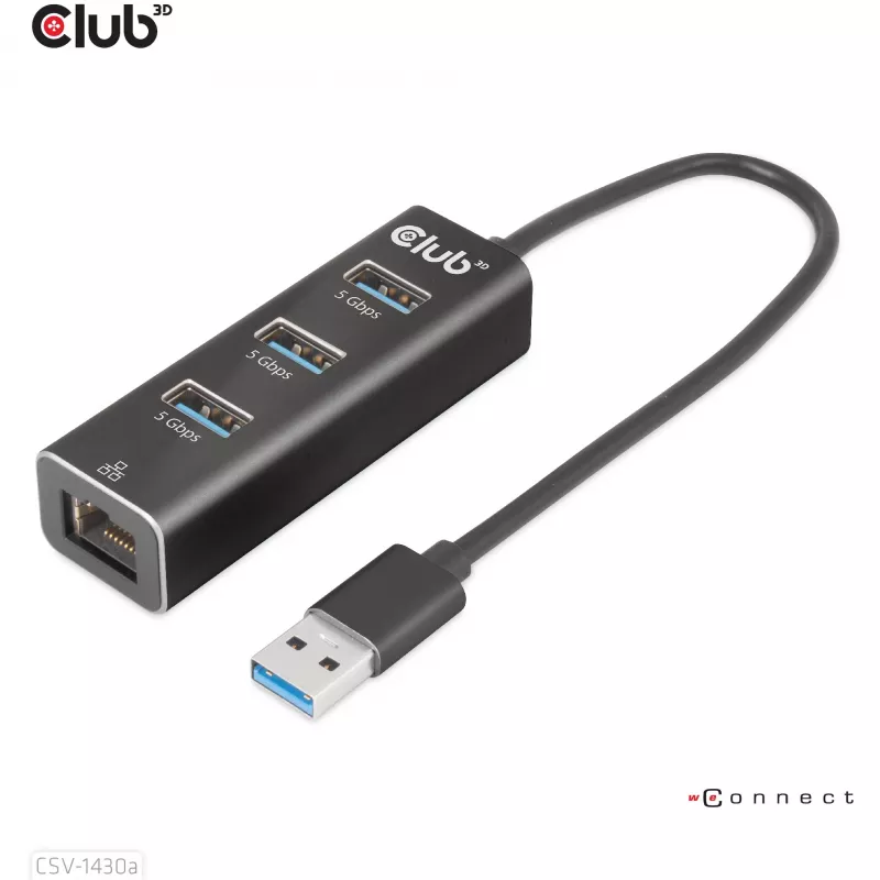 USB Hubs CLUB3D USB 3.2 Gen1 Type-A 3 Porti ar Gigabit Ethernet