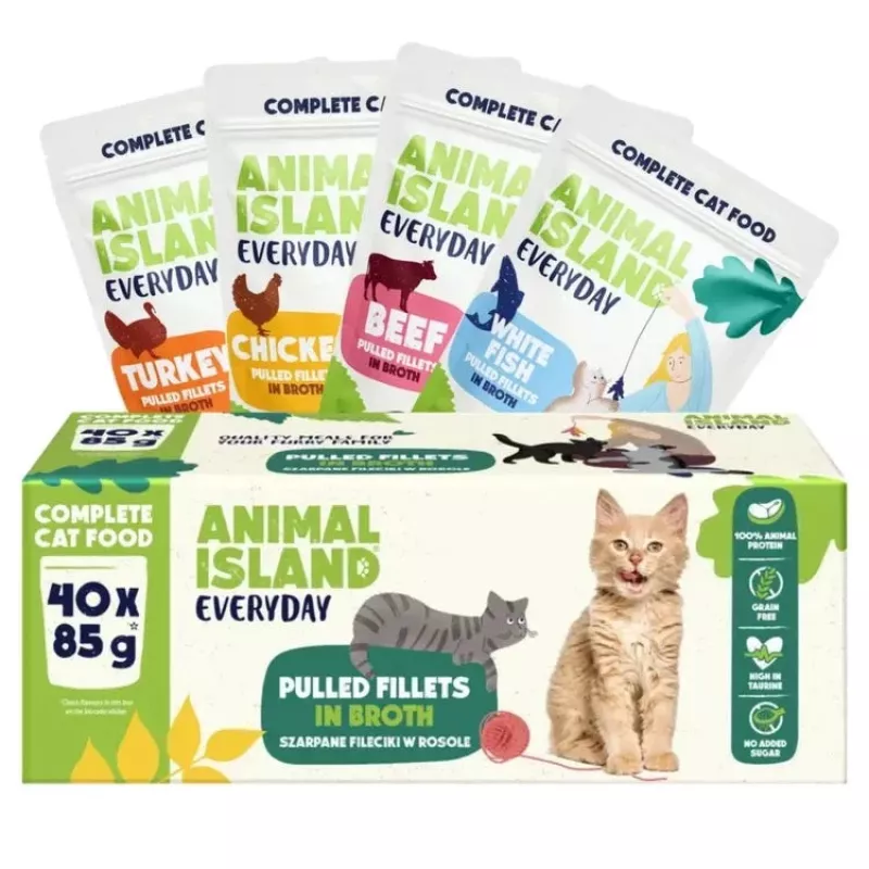 Slapjā barība kaķiem Animal Island Everyday — liellopu gaļa, vista, tītars un baltās zivs filejas buljonā, 40 x 85 g paciņas