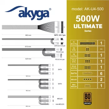 Akyga Ultimate AK-U4-500 ATX barošanas bloks 500 W, 80 PLUS Bronze, aktīvais PFC, 120 mm ventilators