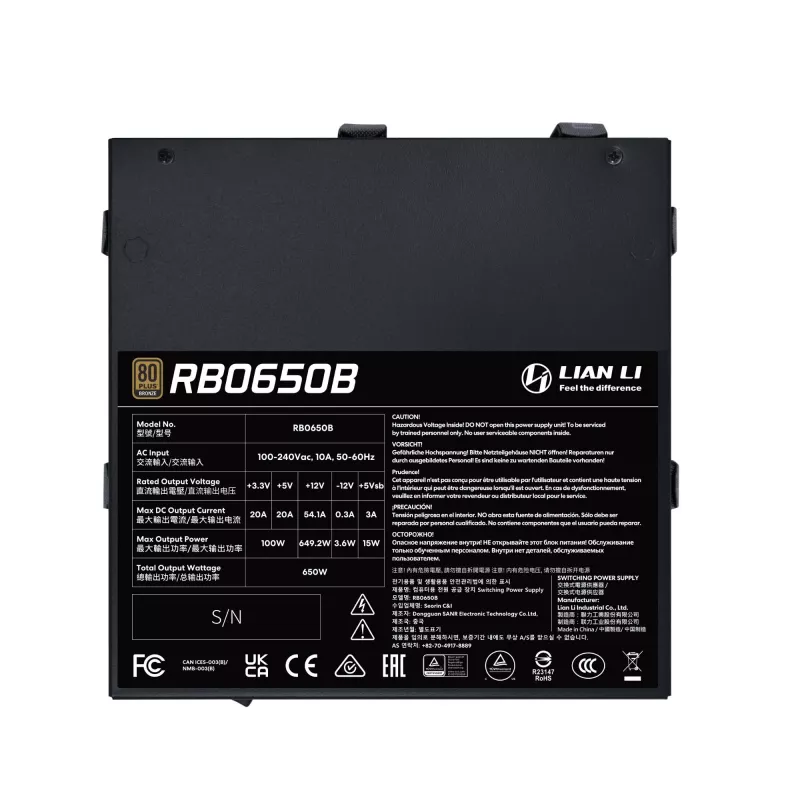 Barošanas bloks Lian Li RB0650B.B 650 W ATX 24-pin, 80 PLUS Bronze, 135 mm ventilators, melns