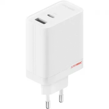 Strāvas adapteris ONEPLUS SUPERVOOC 120W divu portu vadu lādētājs, 120W kopējā jauda, 1x USB-C + 1x USB-A, 100–240V, 145 g, balts