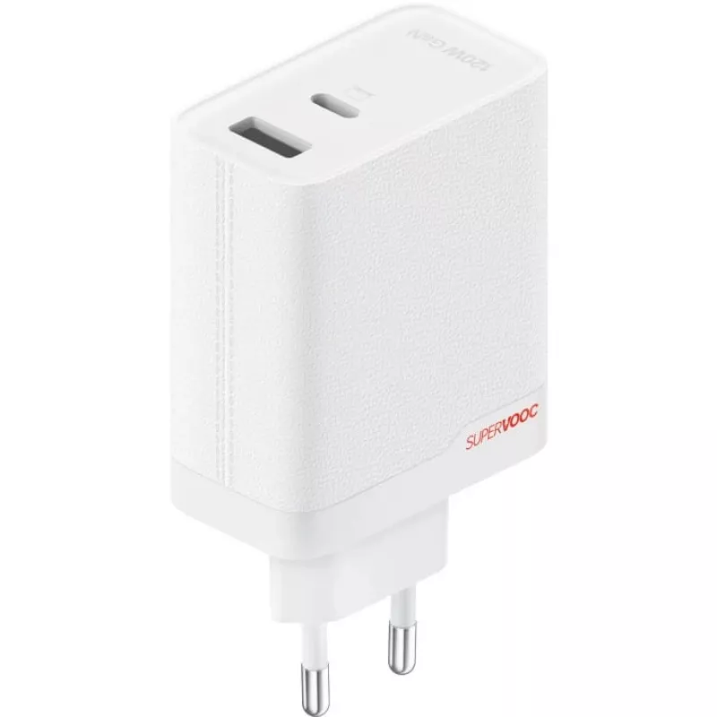 Strāvas adapteris ONEPLUS SUPERVOOC 120W divu portu vadu lādētājs, 120W kopējā jauda, 1x USB-C + 1x USB-A, 100–240V, 145 g, balts
