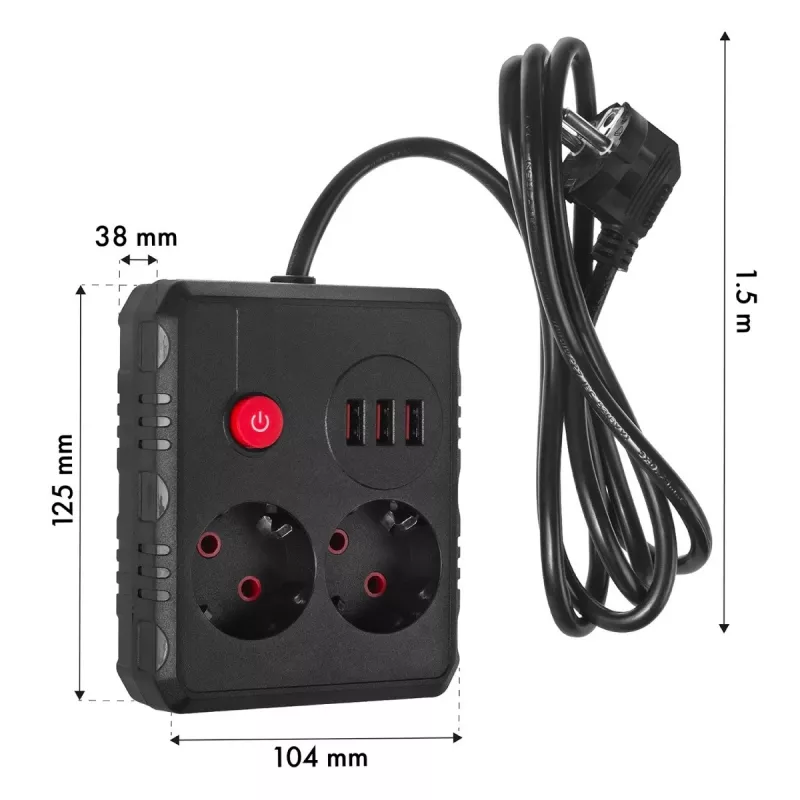 Pagarinātājs MACLEAN MCE387 B — 2 kontaktligzdas, 3×USB A, 110–240V, 1,5 m vads, max 2500W