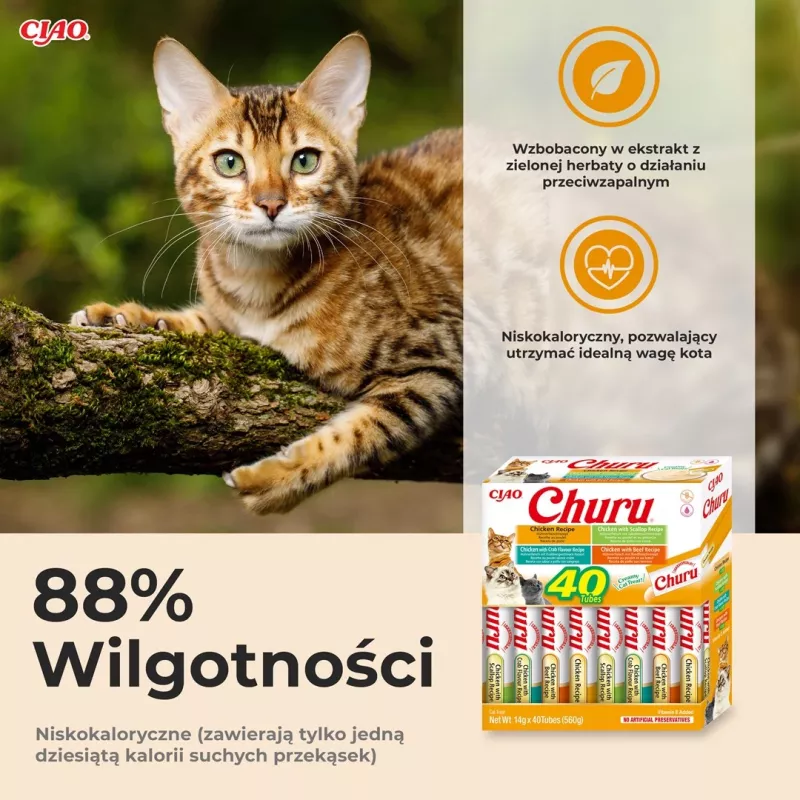 Kaķu gardumi INABA Churu Variety Box — vistas pastas kārumi, 40 × 14 g, bezgraudu, bez lipekļa un sojas