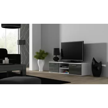 TV statīvs cama meble SOHO 140 — 1400×430×370 mm, balta virsma, skaidu plātne, balts rāmis, balts/pelēks spīdums