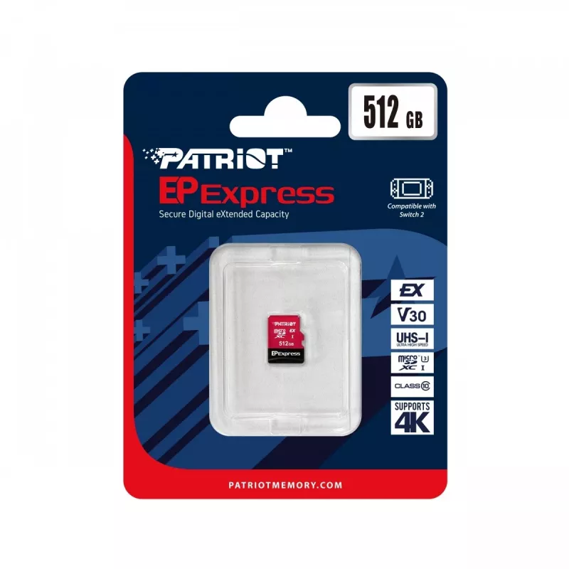 PATRIOT PEF512GEPEXMCX MicroSDXC atmiņas karte 512 GB UHS-I U3 V30 Class 10, lasīšana 800 MB/s, rakstīšana 600 MB/s, rakstīšanas aizsardzības slēdzis