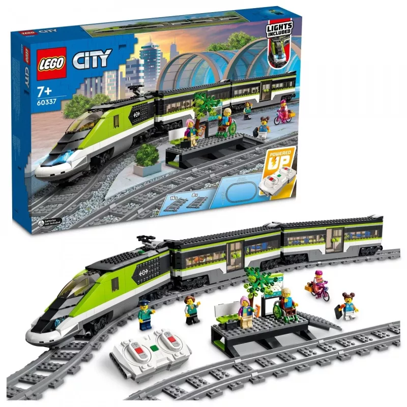 LEGO 60337 City Express Pasažieru Vilciens Ar Tālvadību, Darba Lukturiem, 2 Vagoniem Un 24 Sliedes Gabaliem