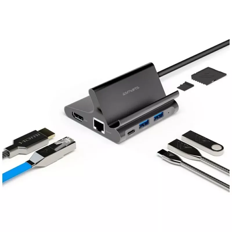 4smarts 7in1 centrmezgls ar statīvu planšetei un tālrunim, DeX režīms, HDMI, RJ45, pelēkā krāsā